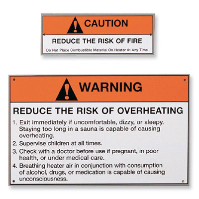 Set of metal warning signs for Sauna heater (6" x 2 ½" and 10 ¾" x 6 ½")