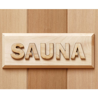 Wooden SAUNA sign (2.75" x 7.25") with wood block letters. Adhesive backed for mounting